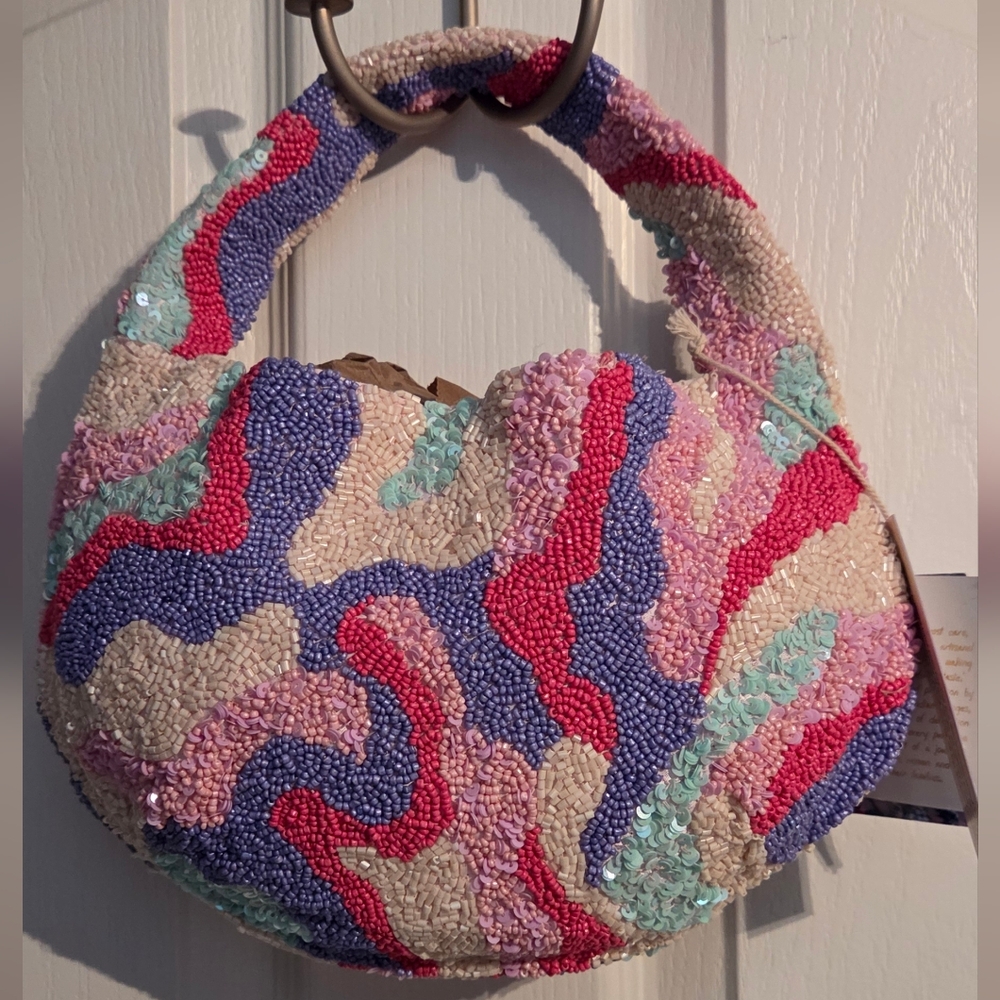 Multi Color Pink Purple Cream Viral Beaded Handbag Purse Geometic Design NWT!